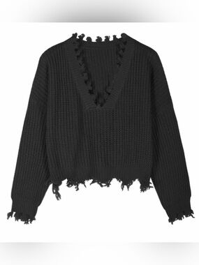 Hers & Mine Black Distressed V-Neck Women's Sweater Size M/L